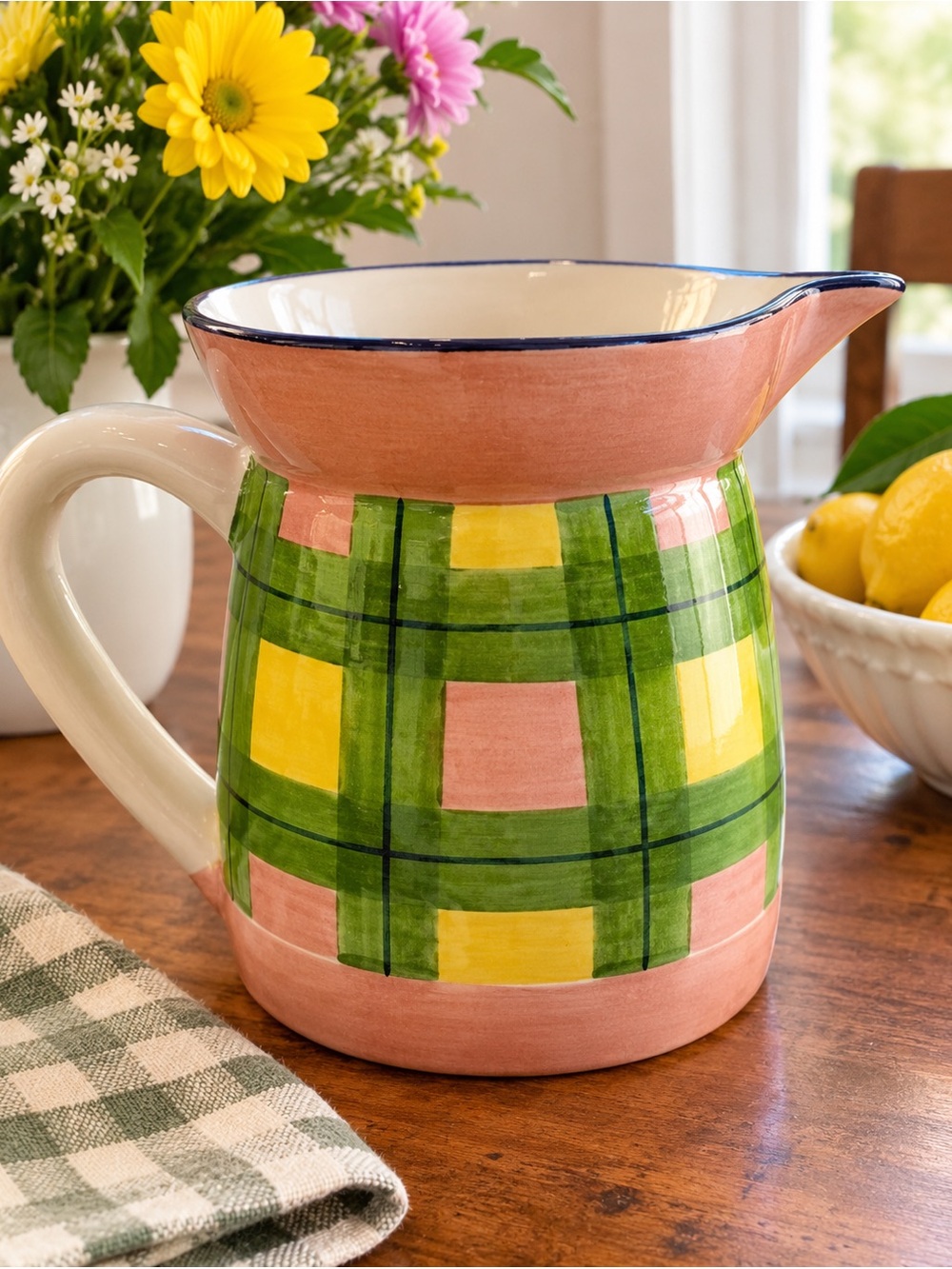 Mikasa Pink, Green & Yellow Plaid Ceramic Pitcher by designer Laurie Gates